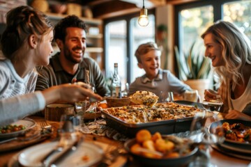 warm gathering at family dinner with abundance of food on the table