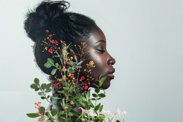 Wall Mural - black woman with flowers and plants overlay on neutral gray color background copy space right