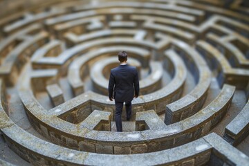 ceo businessman standing in the maze ins earth of strategy, navigating and making business decisions