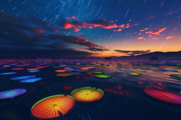 Wall Mural - : A serene lake with neon-colored lily pads glowing under a twilight sky filled with bioluminescent stars.
