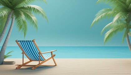 Wall Mural - Beach scene with a blue ocean, coconut trees, and empty beach chair. 3D render
