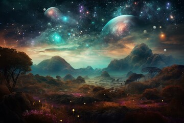 Wall Mural - Digital artwork of a magical night sky with planets over an alien terrain