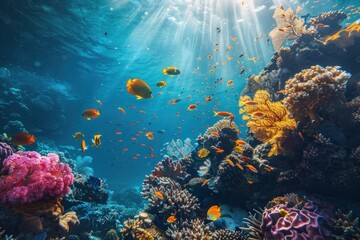 Wall Mural - A colorful coral reef with a variety of fish swimming around. The fish are orange and yellow, and the water is clear and blue. The scene is peaceful and serene, with the sun shining down on the reef