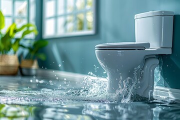 A flooded bathroom with water splashing everywhere, depicting a chaotic scene of an indoor plumbing disaster and the need for emergency cleanup and repair, Generative AI