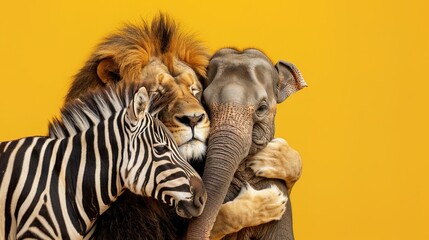 lion king smiling looking at camera and hugs his friends zebra and elephant on yellow background wit