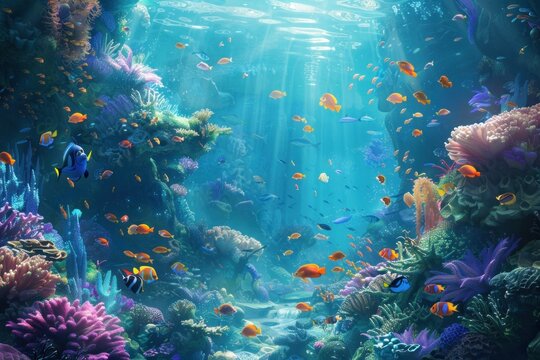 A colorful coral reef with a variety of fish swimming around. The fish are orange and yellow, and the water is clear and blue. The scene is peaceful and serene, with the sun shining down on the reef