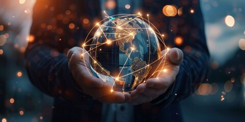 Wall Mural - businessman hold global business globe with network connected to digital marketing strategy and crea