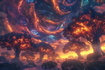 Wall Mural - : An enchanted forest with trees that have leaves made of fire, glowing warmly in a twilight sky filled with swirling, colorful clouds.