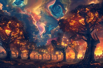 Wall Mural - : An enchanted forest with trees that have leaves made of fire, glowing warmly in a twilight sky filled with swirling, colorful clouds.