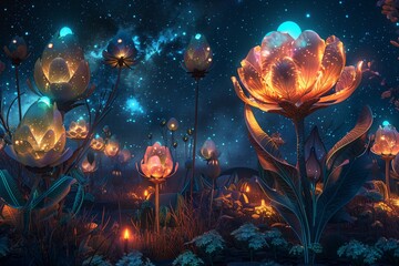 Wall Mural - : An enchanted garden with oversized flowers and plants, each glowing with an ethereal light under a starry night sky.