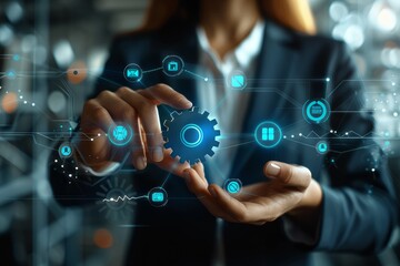 Poster - Hand touching a digital interface with interconnected gears, symbolizing the intricate and innovative technology involved in modern digital systems and engineering mechanisms