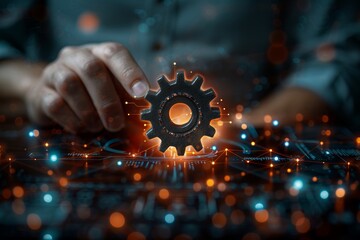 Poster - Hand interacting with a digital interface displaying interconnected gears, representing the advanced technology and innovation in modern engineering and cyber systems, Generative AI