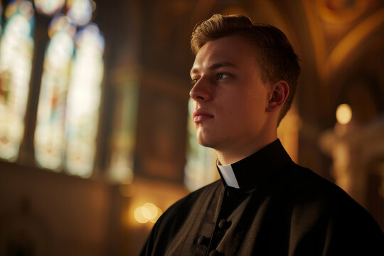 Contemplative young priest stands in a church, with sunlight streaming through stained glass windows, casting a peaceful glow