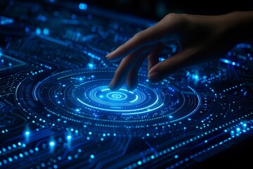 Poster - Hand interacting with a digital interface displaying interconnected gears, representing the advanced technology and innovation in modern engineering and cyber systems, Generative AI