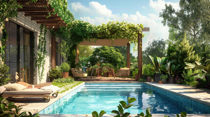 Cozy arbor and pool at villa backyard, pergola at landscaped home garden, design of beautiful green back yard of house in summer. Theme of landscaping, flower, nature