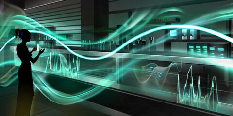 Poster - Abstract depiction of futuristic technology with digital waves and interfaces, highlighting the flow of data and the innovative nature of high-tech communication and electronic systems, Generative AI