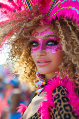 Wall Mural - Woman in carnival make up with curly hair in colorful clothing