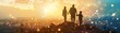 © djmaxx24 - silhouettes of a happy family on a hill with a beautiful city at sunset and glowing connections between them, a network concept, connection to the universe background, detailed illustrations style.