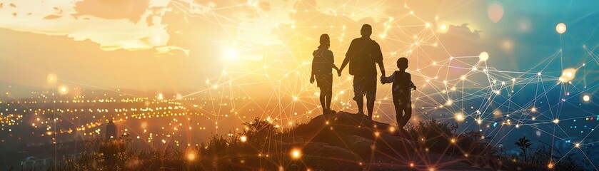 silhouettes of a happy family on a hill with a beautiful city at sunset and glowing connections between them, a network concept, connection to the universe background, detailed illustrations style.