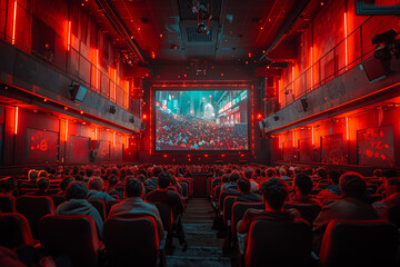 Wall Mural - A film screening in a cultural center, where cinephiles gather to watch and discuss independent films from around the world. Concept of film appreciation and cultural exchange. Generative Ai.