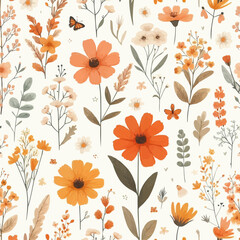 Wall Mural - Cute feminine seamless pattern with wildflowers orange