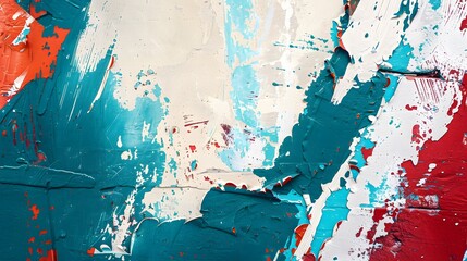 Wall Mural - Closeup of colorful teal, blue and red urban wall texture with white white paint stroke. Modern pattern for design. Creative urban city background. Grunge messy street style background with copy space