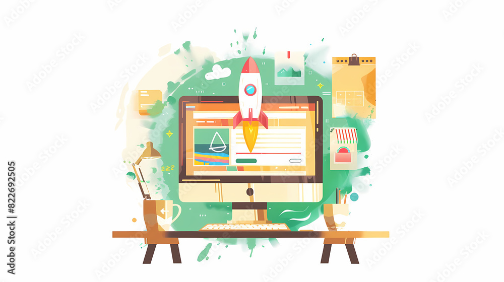 Vector Art Illustration of a Computer with a Rocket Shooting Out of It ...