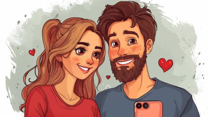 Wall Mural - Young couple taking selfies. Modern illustration with portrait of young man and woman holding smartphones, smiling and happy while making selfie photos. Illustration in a hand-drawn style with