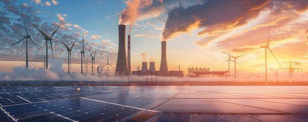 Modern energy landscape with solar panels, wind turbines, and traditional cooling towers, showcasing the transition from fossil fuels to renewable energy sources.