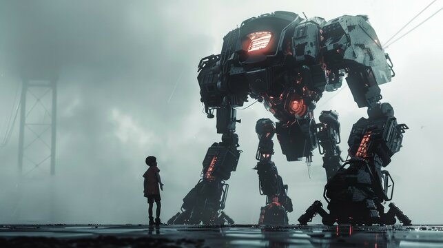 small man in front of giant robot, modern david and goliath concept, people against robotics