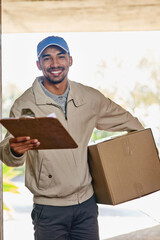 Poster - Portrait, delivery man and clipboard with box for online shopping, ecommerce order and courier services. Happy, male person and package for distribution, export and commercial transportation
