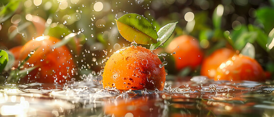 Wall Mural - Fresh Oranges Splashing into Water, Bright and Clean Citrus Scene, Healthy Fruit Background