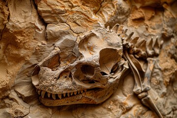 Poster - Close-up of a fossilized dinosaur skull embedded in a rock surface on display