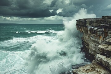 Aufkleber - Stormy weather over the ocean with waves breaking against coastal rocks displaying nature's power