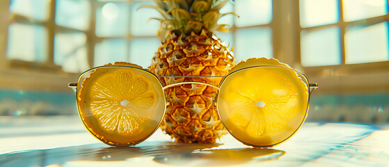 Wall Mural - Fresh Pineapple Halves on a Wooden Table, Vibrant Tropical Fruit, Ideal for a Healthy Summer Diet