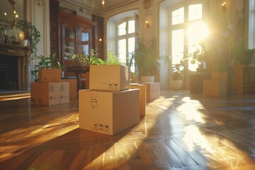 Wall Mural - Cardboard Box with Flowering Plant, Minimalist Setting, Soft Light, Indoor Photography