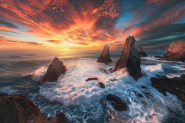 Poster - Majestic ocean view featuring jagged rocks and a fiery sunset sky, capturing the ocean's fury and beauty