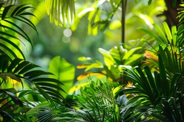 Poster - Sunlight filters through dense foliage, highlighting the textures and vibrant colors of a tropical jungle