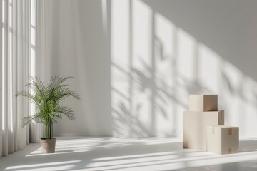 Poster - Sunlit Room with Cardboard Boxes, Lush Setting, Indoor Photography, Soft Light