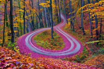 Poster - Vibrant autumn colors line a serpentine forest road, creating a stunning visual journey