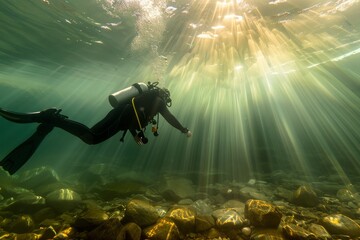 Wall Mural - Sunlit waters and a bed of river rocks provide a stunning backdrop for a scuba diver