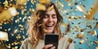 © Supremetones - Surrounded Gold Confetti Success: Woman Phone Mobile Celebrating studio winning winner prize competition celebrate celebration happy smiling joy laughing
