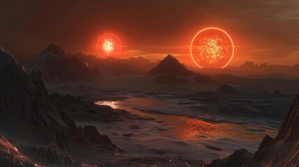 Wall Mural - A binary star system with an exoplanet orbiting two suns, casting dual shadows on its surface,