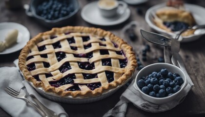  A delicious blueberry pie with fresh berries on top sits on a table surrounded by dining utensils like forks and knives. Plates are decorated with scattered blueberries. 