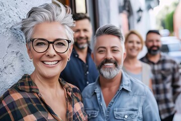 Portrait of smiling senior woman in eyeglasses with her friends standing in background