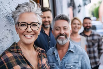 Poster - Portrait of smiling senior woman in eyeglasses with her friends standing in background