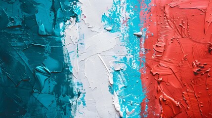 Closeup of colorful teal, blue and red urban wall texture with white white paint stroke. Modern pattern for design. Creative urban city background. Grunge messy street style background with copy space