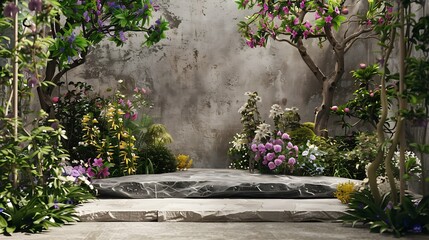 Poster - Front view of the stone podium showcases products in a garden with flowers plants and branches Empty platform : Generative AI