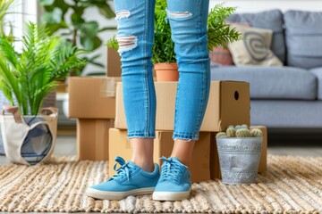 Wall Mural - Person Walking with Cardboard Box in Modern Indoor Setting, Close-Up Photography, Casual Movement