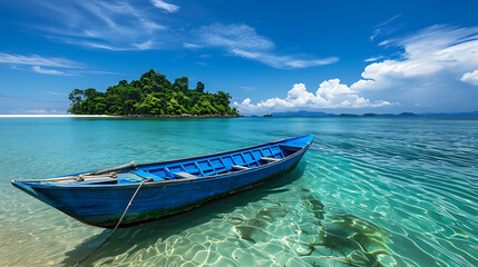 Wall Mural - A blue boat gently floating on crystal clear waters: The boat appears to be made of wood, with intricate details